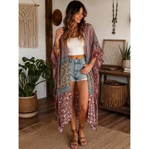 Patrons of Peace Boho Patchwork Kimono Duster Small Oversized Festival Layering